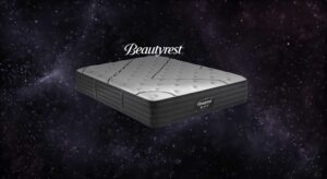 Beautyrest Black mattress floating in space with a Beautyrest logo.